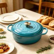 Olla Holandesa Hierro Fundido Esmaltado MERKADIA Turquesa Tapa Relieve Asas Dobles Multiusos Cocina - Ver 1