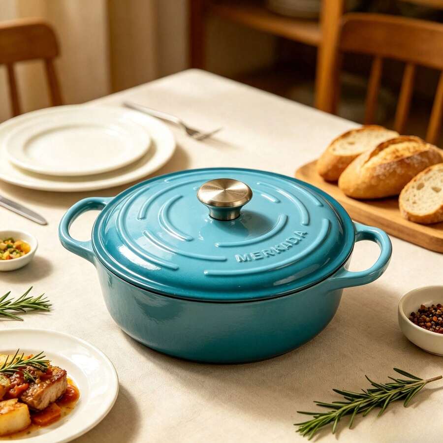 Olla Holandesa Hierro Fundido Esmaltado MERKADIA Turquesa Tapa Relieve Asas Dobles Multiusos Cocina - Ver 1