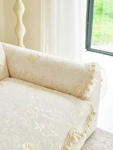 1pc French Vintage Floral Jacquard Sofa Cover, Chenille Lace Ruffle Tassel Edge Non-Slip Sofa Pad Protector, All Season Living Room Decor Sofa Slipcover - Beige - View 7