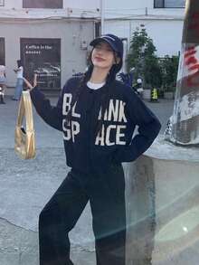 Korean Style Deep Blue Letter Knit Cardigan Women's Autumn/Winter New Round Neck Jacket Fashion Versatile Top - Navy Blue - View 4