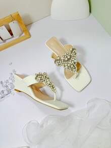 Beautiful Women's Wedge Sandals With Pearl Design Decor, Fairy Wedding Party Gathering - White - View 4