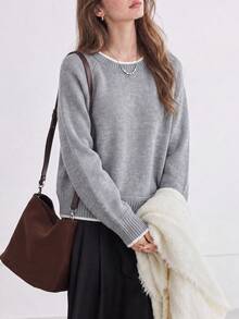 Women's New Winter Casual Minimalist Contrast Trim Crew Neck Pullover Sweater - Grey - View 1