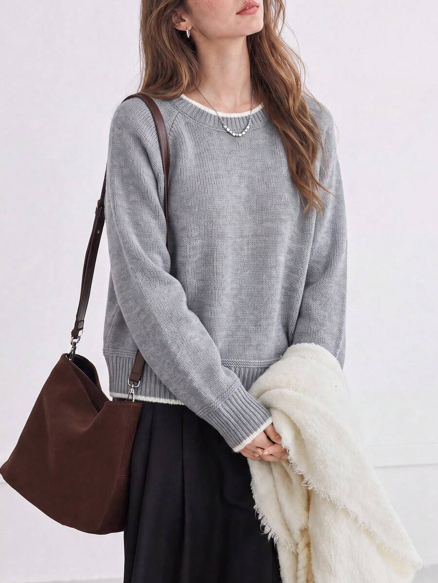 Women's New Winter Casual Minimalist Contrast Trim Crew Neck Pullover Sweater - Grey - View 1