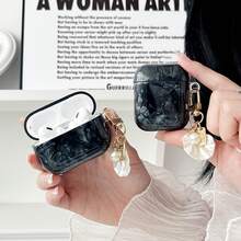 1pc Black Marble Pattern Earphone Protective Case, Wireless Earphone Protective Case With Shell Pendant And Hanging Ring For Connecting Accessories; Compatible With Apple Earphone Pro 3/Earphone 4. - Multicolor - View 1