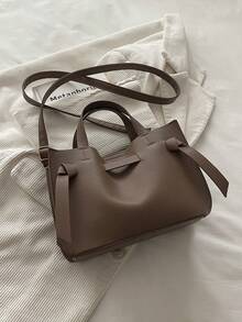 Solid Color Minimalist Lychee Textured Handbag, Crossbody Bag With Strap, Buckle Bucket Bag - Coffee - View 7