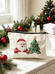 1pc Sweet & Playful Fabric Rectangular Makeup Bag, Embossed Bow Pattern With Label Patch, Zipper Closure Large Capacity Storage Bag, Soft Quilted Cosmetic Bag, Portable Organizer, Suitable For Daily Use, Travel, Bedroom And Back To School - Multicolor - View 4