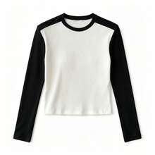 Women's Fashion Retro Colorblock Raglan Long Sleeve T-Shirt, Layering Base Layer, Autumn Basic Sporty Casual Undershirt, Elegant Top - Black and White - View 7