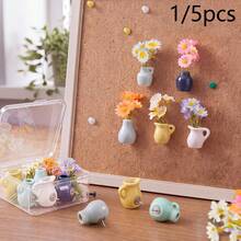 1/5pcs Cute Mini Ceramic Vase Push Pins With Artificial Flowers, 3D Decorative Thumbtacks For Bulletin Board, Office Desk Decor, Desktop Accessories, Vision Board And Classroom Decoration, Random Style - A - View 1