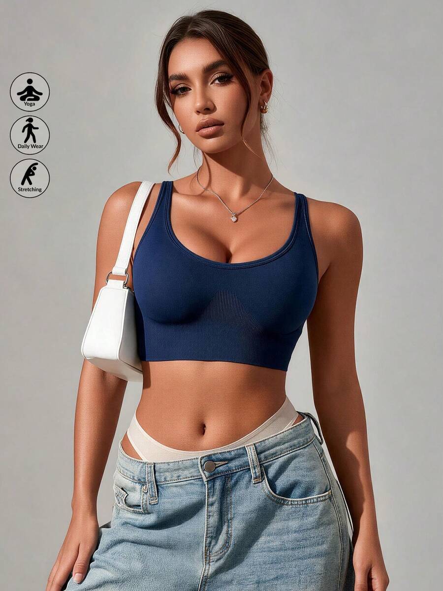 Runway Rest Women's Seamless Shock-Absorbing Sports Bra, Lightweight, Breathable, For Yoga & Light Exercise, Backless, Wire-Free, Thick Padded, Comfortable - Blue - View 1