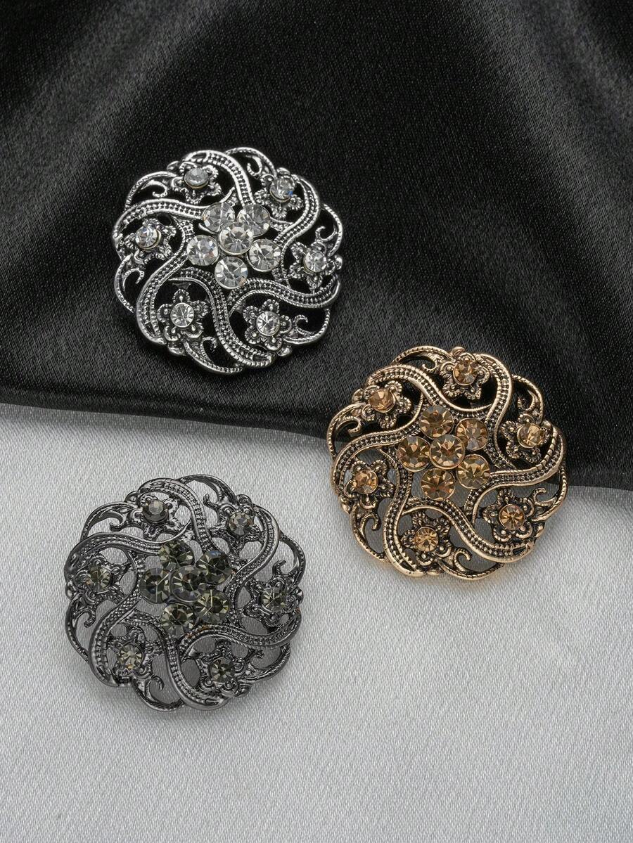 4pcs/Pack Flower Hollow Rhinestone Inlaid Classical Exquisite Textured Metal Large Buttons For Coats, Sweaters, Uniforms, School Uniforms, Suits, Jackets, DIY Bags, Shoes, Hats, Handicraft Accessories