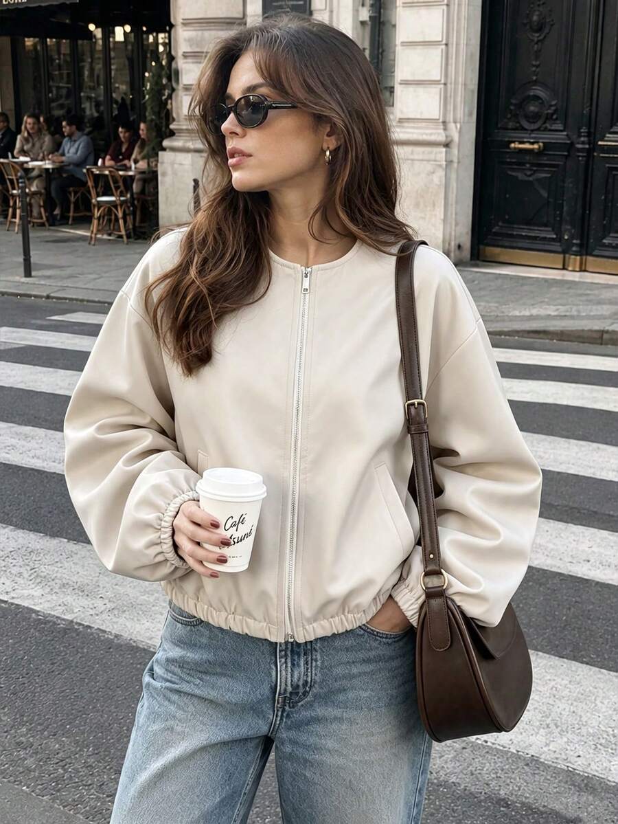 Women's Fashion Long Sleeve Regular Fit Fabric Bomber Jacket, Suitable For Spring And Autumn Casual Outings, Featuring Comfortable Non-Stretch Design. - Beige - View 1