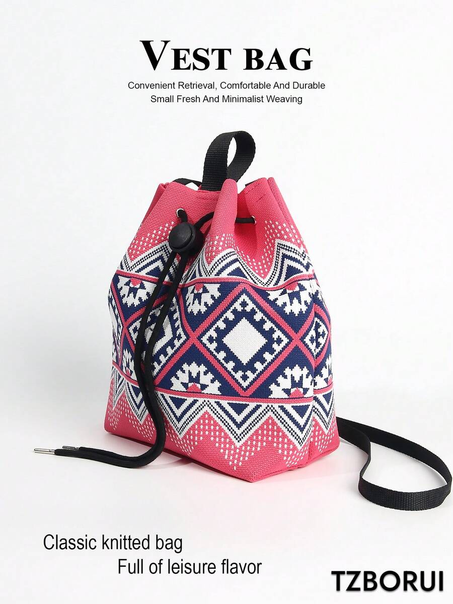Striped Colorblock Jacquard Knit Drawstring Bucket Bag, Casual Minimalist Crossbody Bag With Multiple Pattern Options, Large Capacity To Store Phone, Umbrella, Cosmetics And Other Daily Essentials, Versatile For Daily Commute And Shopping - Multicolor - View 1