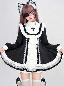 1pc Gothic Lace Eyemask, Bow & Heart Headband Accessory, Can Be Used As Leg Garter, For Holiday Party Costume,Halloween - Multicolor - View 3