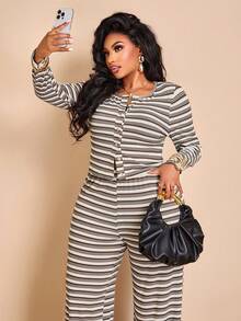 BIUBIU Plus Size Women's Home Set, Striped High Elasticity 2 Pieces Set, Round Neck Top With Wide Leg Pants, Fashion Button Detail - Apricot Brown - View 7