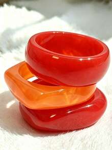 3pcs/1pc Exaggerated Geometric Bangle Set, Red Set, Orange, Bohemian Style Versatile Accessory; Suitable For Daily, Party, Vacation Wear, Ideal Gift For Loved Ones And Family, Can Be Layered Or Worn Individually - Multicolor - View 1