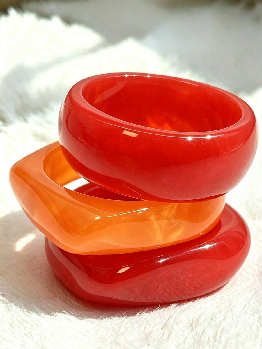3pcs/1pc Exaggerated Geometric Bangle Set, Red Set, Orange, Bohemian Style Versatile Accessory; Suitable For Daily, Party, Vacation Wear, Ideal Gift For Loved Ones And Family, Can Be Layered Or Worn Individually - Multicolor - View 1