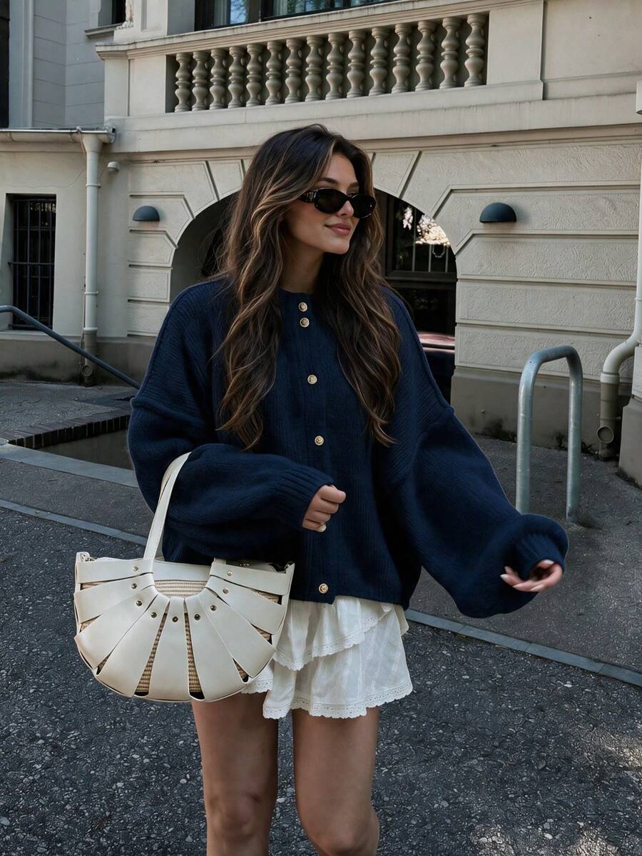 Senya Women's Solid Color Loose Knit Cardigan, Round Neck Lantern Sleeve Button-Up Sweater, Suitable For Daily Wear, Elegant Casual Minimalist Soft