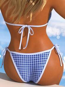 Summer Plaid Triangle Cup Bikini, Small Bust Push-Up Halter Tie Neck, Slimming Bikini For Hot Spring, Beach, Party, Vacation - Multicolor - View 4