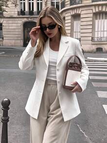 Women's Elegant White Button Front Blazer, Long Sleeve Woven Fabric Regular Fit Blazer, Single-Breasted Waist-Flattering Slimming Commuter Blazer Fall - White - View 1
