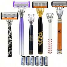 Men's Manual Shaving Kit - Ultra-Sharp 6-Blade, Replaceable Razor Head, Ergonomic Handle Design, Perfect Gift For Father's Day And Birthday, Reusable With Replacement Blades, Essential For Precise And Smooth Shaving (Gift Box Not Included), Halloween, Christmas - Multi-color - View 11