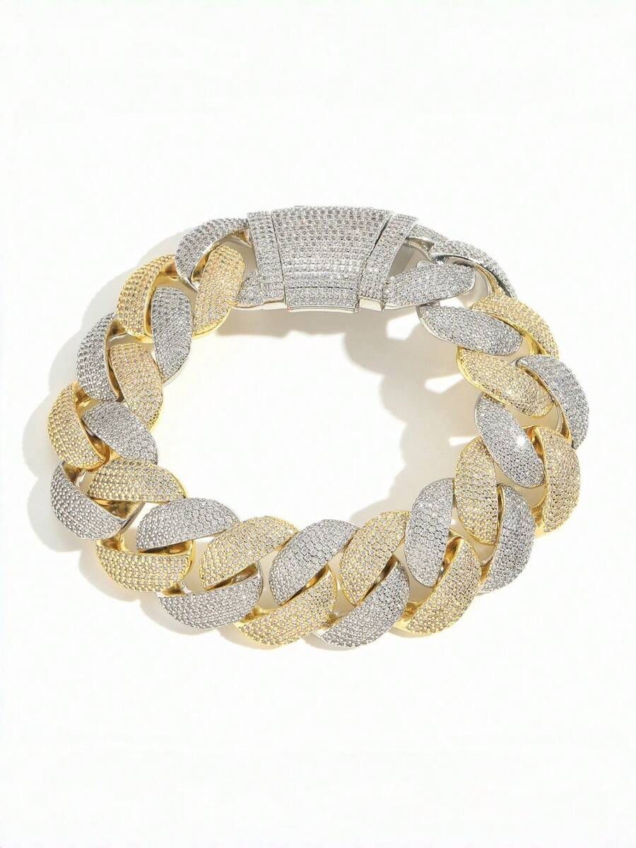 1pc 24mm Cuban Link Hip Hop Dual-Tone Full Rhinestone Cuban Bracelet, Rose Gold & Silver Color Block Miami Thick Cuban Chain, Fully Pave High-Shine Zirconia, Heavy-Duty Full Rhinestone Design Sparkling And Eye-Catching. Square Full Rhinestone Secure Clasp, Firm And Hard To Fall Off, Same Style As Rap And Street Dance Bloggers. Unisex Street Style Hand Accessory, Suitable For Parties And Daily Wear, Light Luxury Heavy-Duty Icy Jewelry, Hot-Selling Personalized Accessory - 24mm - View 1