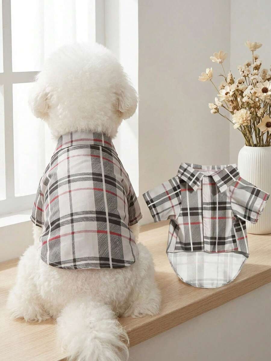 Polyester Non-Stretch Slim Fit Plaid British Style Pet Shirt, Suitable For Cats And Small To Medium Dogs, Casual Summer Top, Not Suitable For Large Dogs, Size Runs Small, Recommend Buying 1-2 Sizes Larger Than Usual