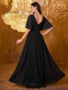 Women's V-Neck Backless Ruffle Sleeve Sequin Patchwork Chiffon Party Dress - Black - View 2