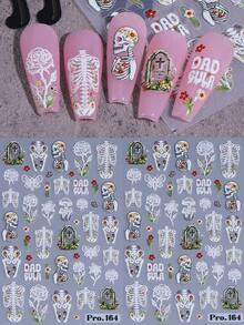2入萬聖節美甲貼紙 骷髏花卉蝴蝶美甲設計 自黏式骷髏骨花卉美甲貼片 美甲裝飾 萬聖節派對DIY配件 女款 - 彩色 - 查看 9