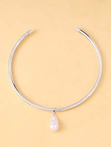 outingfit New Irregular Pearl Pendant Choker Necklace, Fashion Adjustable Metal Open Collar Necklace - Silver - View 9