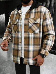 GloMan Men's Flannel Shackets Yellow‑White Plaid Black Hood Button Up Long Sleeve Shirt, Fall/Winter For Office Commute,Family Gather,Husband - Brown - View 3