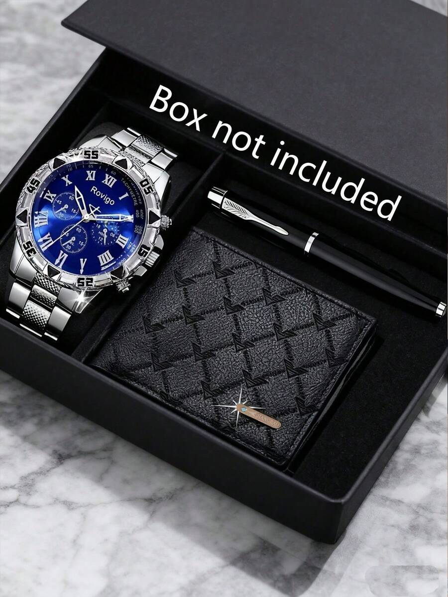 3PCS/1PC-Watch Optional Men's Silver Blue Dial Wristwatch Set, Silver Metal Band, Light Luxury Style, Round Blue Dial Roman Numeral Men's Luxury Watch, Paired With Embossed Men's Wallet And Business Pen, Exquisite Men's Accessories, Suitable For Summer Wear, Can Be Given As Father's Day, Valentine's Day, Birthday Gift, Luxury Gift For Boyfriend, Son, Adult Men. Gift Box Not Included. - Silver - View 1