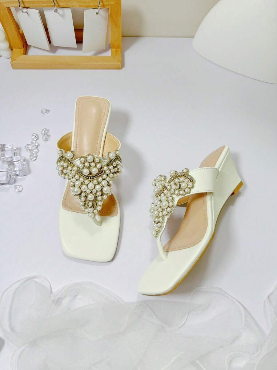 Beautiful Women's Wedge Sandals With Pearl Design Decor, Fairy Wedding Party Gathering - White - View 1