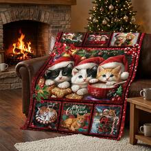 Soft & Comfortable 1pc Christmas Cat Modern Flannel Patchwork Style Nap Blanket - Seamless Christmas Tree, Deer, Snowflake, Snowman - Polyester Nap Blanket - Digital Print Craft, Suitable For Sofa, Bed, Travel, Office Home Decor - Multicolor - View 1