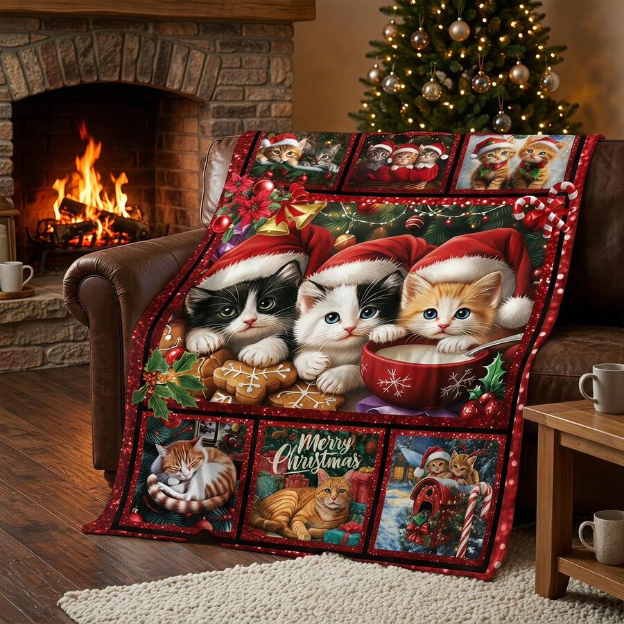 Soft & Comfortable 1pc Christmas Cat Modern Flannel Patchwork Style Nap Blanket - Seamless Christmas Tree, Deer, Snowflake, Snowman - Polyester Nap Blanket - Digital Print Craft, Suitable For Sofa, Bed, Travel, Office Home Decor - Multicolor - View 1