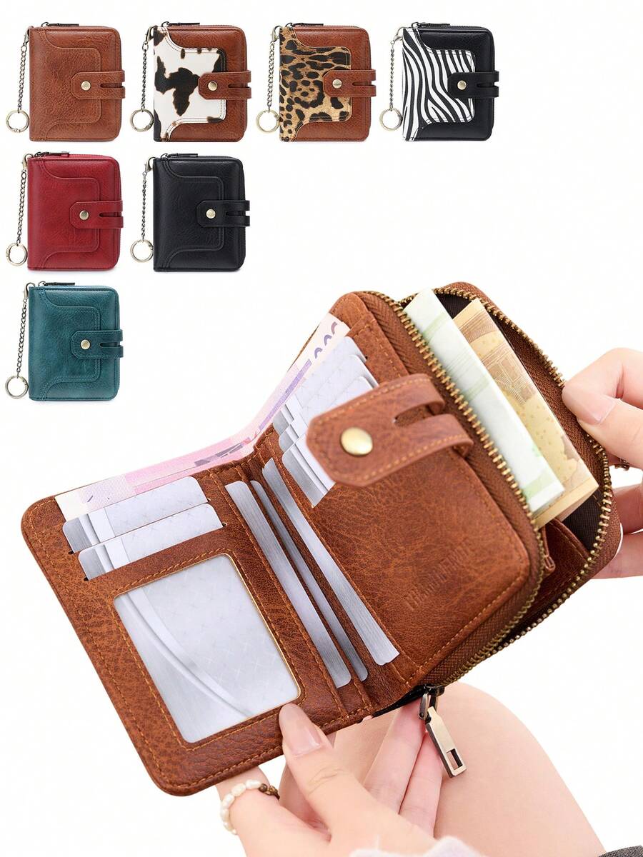 FOREVER MIYIN RFID Blocking Wallets For Women, Bifold Short Zip Purse With Snap Button, Key Ring, Multi‑Card Slots ID Photo Window Coin Pocket For Daily Use