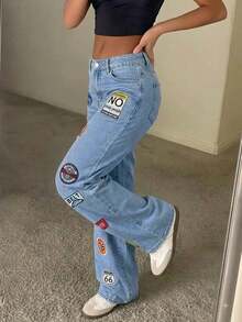 Quần jean denim ống rộng dài phong cách Y2K dáng suông rộng kiểu boyfriend, streetwear thường ngày, màu wash, có túi, dành cho nữ - Rửa nhẹ - Xem 4
