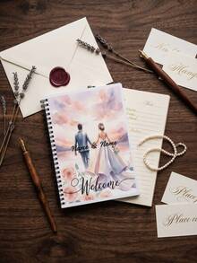 1pc Custom Photo And Text Spiral Notebook, Watercolor Bride And Groom Sunset Pattern Wedding Guest Book, Custom Couple Welcome Hardcover Journal, Romantic Keepsake Memory Book For Wedding Engagement Bridal Shower Gift - Multicolor - View 4