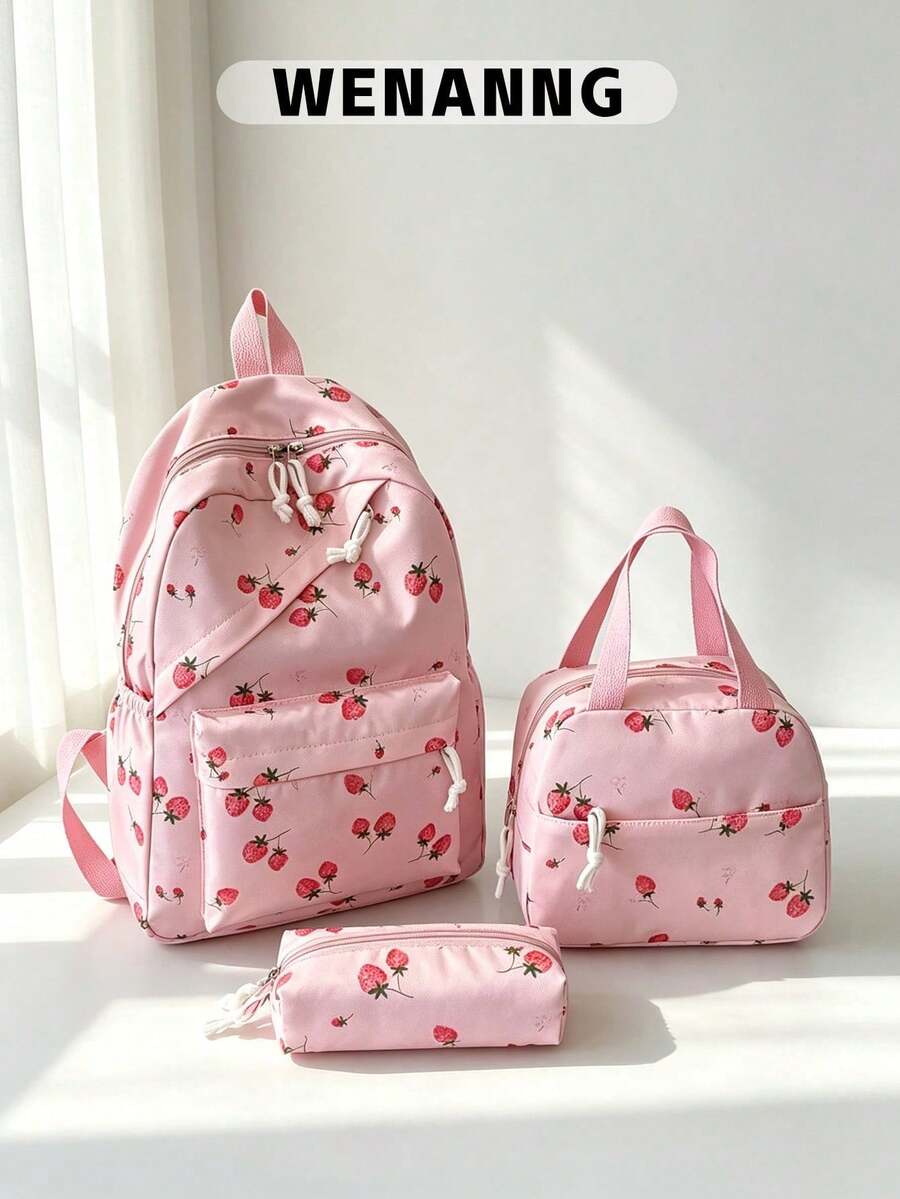 3pcs Cute Cartoon Strawberry Fruit Print Backpack Set, Large Capacity Nylon School Day Bag With Lunch Bag And Pencil Case, Multi-Pocket Casual Bookbag - 2264 - View 1