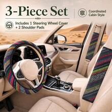 3PCS Bohemian Style Car Interior Set, Includes 1 Car Steering Wheel Cover And 2 Shoulder Covers, Breathable And Comfortable, Suitable For All Seasons, Fits Most Cars - Multicolor - View 11