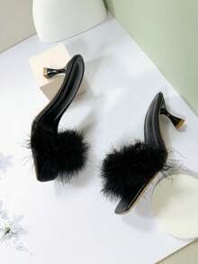 Fashionable Women's High Heel Sandals, High-End Fluffy Faux Feather-Like Elegant Toe Design, Casual Slip-On Half-Back Sandals - Black - View 9