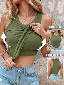 ChicMe Top básico de punto acanalado sin mangas con sujetador incorporado y cuello redondo - Verde militar - Ver 4