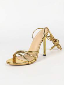 Metallic Gold Round Toe Wrap Around Ankle Straps Stiletto Heel Sandals Women Summer Wedding Club Evening Party Dress Heels - Gold - View 9