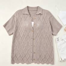 Women Collared Short Sleeve Knit Cardigan, Hollow Pattern Button Front Loose Cover Up, Casual Shirt Vacation Outing, Option - Coffee - View 3