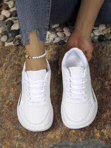 Women's Plus Size Wide Toe Box Minimalist Artificial Leather Metal Stripe Decor Front Lace-Up Barefoot Shoes For Outdoor Sports - Platinum - View 3