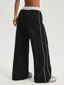 Women Contrast Waist Drawstring Wide Leg Woven Pants,Side Striped Piping Design,Athleisure Gym Outdoor Daily Trousers - Black - View 3