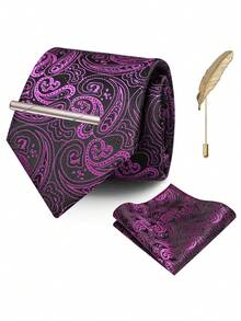 4‑Pcs Men Paisley Pattern Neck Tie Set, Jacquard Woven Necktie, Pocket Square, Tie Clip, Feather Lapel Pin For Wedding Business Formal Occasion - Multicolor - View 13