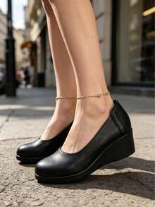 1 Pair Fashion Thick Sole Slip-On Shoes, Versatile Comfortable Work Shoes, Professional Women's Leather Shoes, PU Material Suitable For All Seasons - Black - View 3