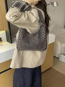 2026 Autumn Fashion New Personalized Rivet Motorcycle Style Large Capacity European & American Vintage Shoulder Underarm Bag - Coffee - View 9