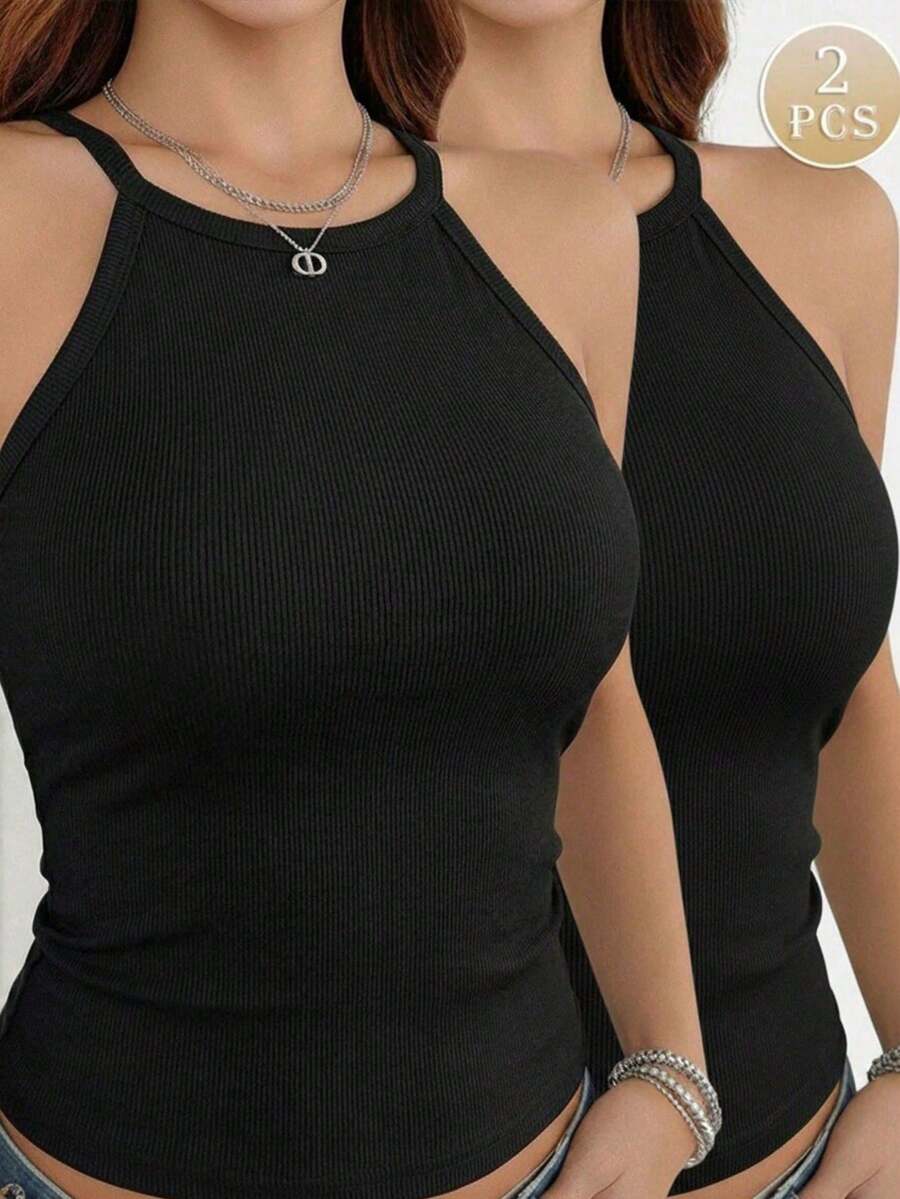 2件組女款純色掛脖無袖基本款背心,標準版型 - 彩色 - 查看 1