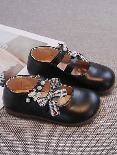 Girls' Polka Dot Bow Mary Jane Shoes - Cartoon Bear Pearl Soft-Soled Princess Shoes